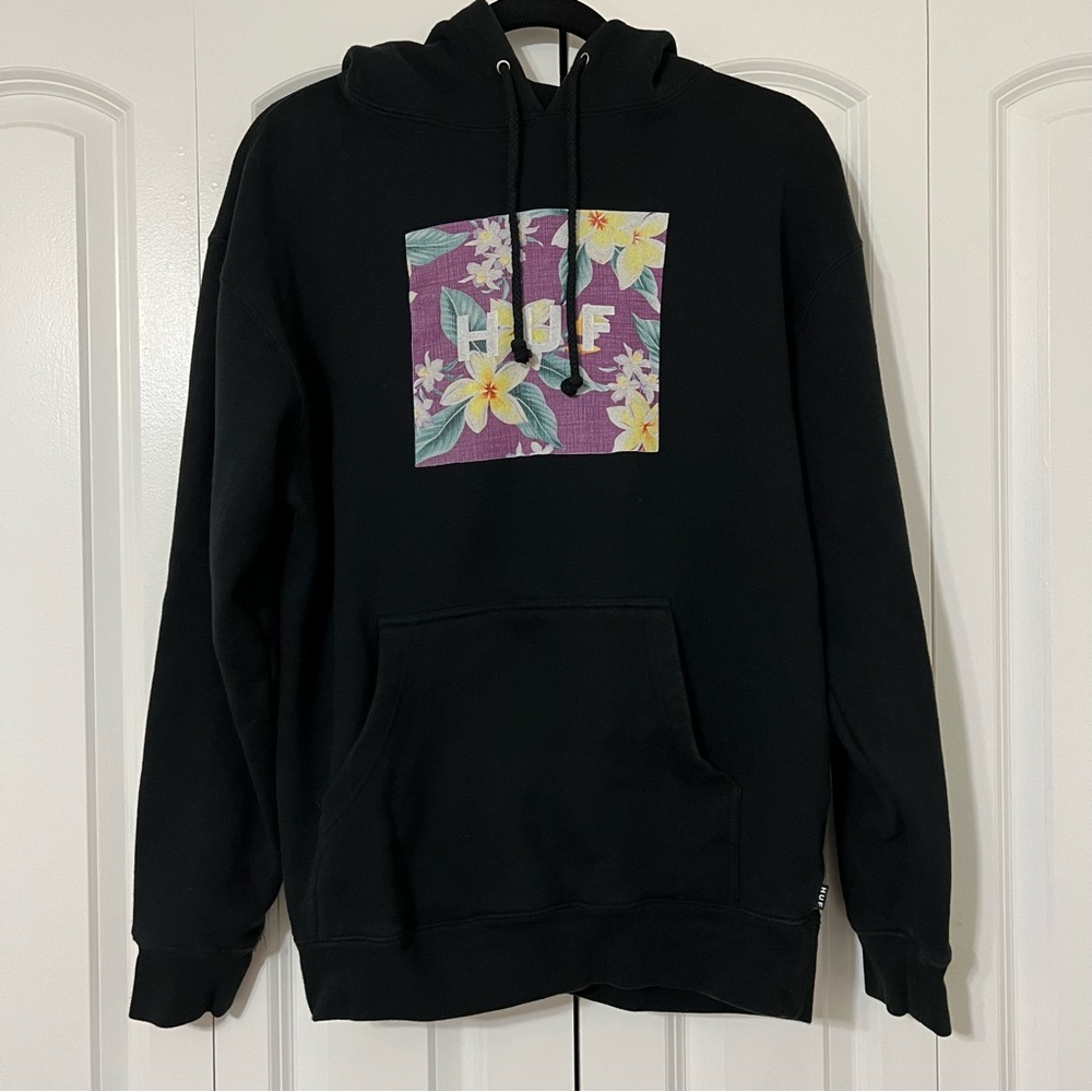 HUF Worldwide M Black Aloha Graphic Drawstring Long Sleeve Pullover Hoodie